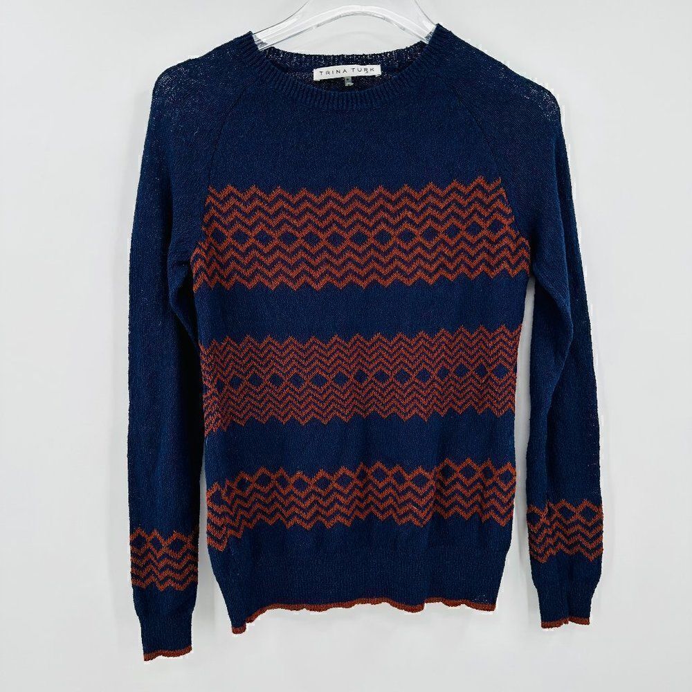 Trina Turk Sz Small Navy Blue Orange Chevron Print Long Sleeve Thin Knit Sweater